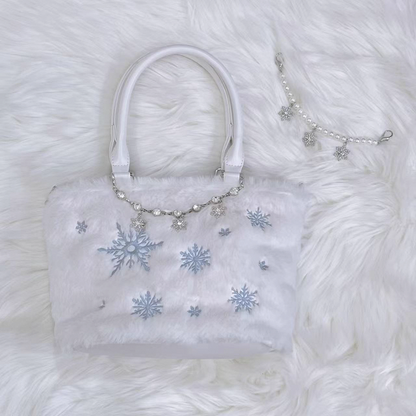 / Rhinestone Chain with Blue Tote Bag Light Beaded Chain Snowflake Embroidery Plush