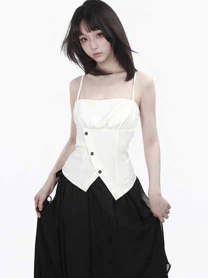 White Cropped Shirt with Leather Knot & Cami Set - PINK SAVIOR