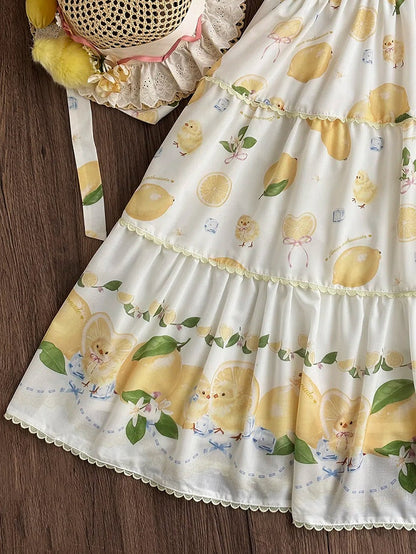 Chick Sleeves for Short Summer White Lolita Dress Print and Lemon Spring