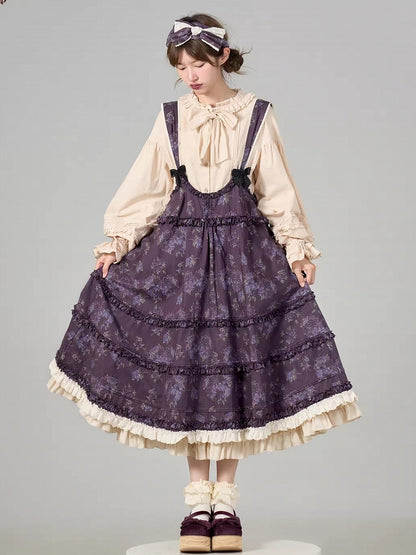 Drawstring Long-Sleeve Ruffled Loose Beige Blouse with Lolita Cuffs