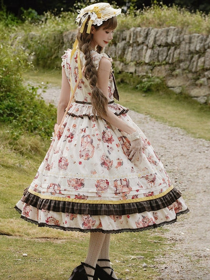 Cat and Maple Floral Print Jumper Skirt with Ruffle Trim - Lineall Cat
