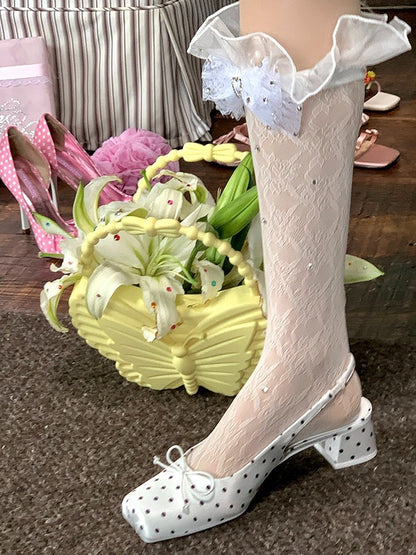 Sheer Lace Patterned Calf Socks with Rhinestone in White or Black - cnorahk