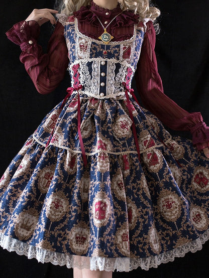 Blue & Red Lolita Corset with Lace and Pearls - Miss Point
