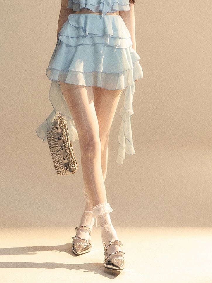 Blue Chiffon Tiered Skirt Mini Asymmetrical Ruffled Hem Slim-fitting