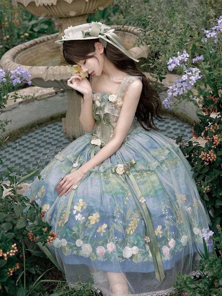 Elegant Green Oil Painting Print Lolita Jumper Skirt Dress with Bustier-Style Boned Bodice - Haw Berry