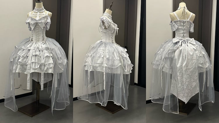 mit Schnürung, Ovarlay, Gothic-Korsettkleid, abnehmbares Design und Rock, silberne Schleife, Lolita, große Vogelkäfig-Taille