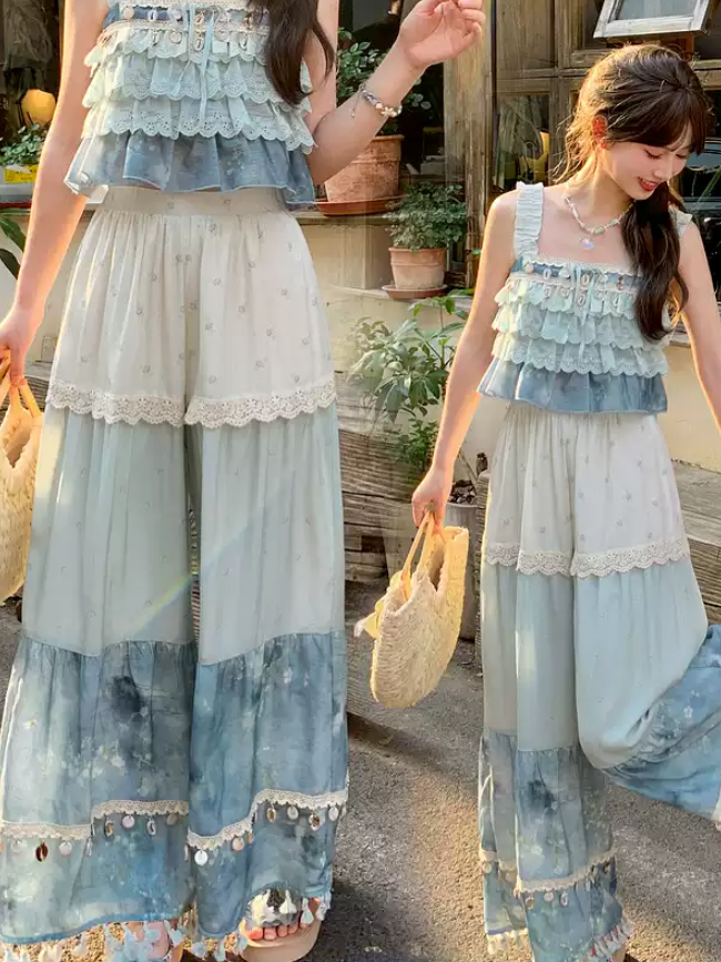 Blue Colorblock Design Tassel Hem Shell Charm Wide-Leg Holiday Pants