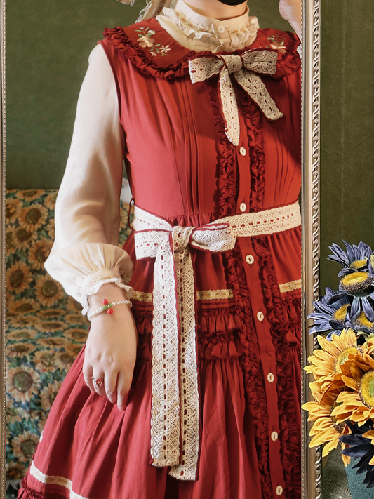 Neckline Lace-Trimmed Blouse Light Coffee and Cuffs Ruffled Lolita with