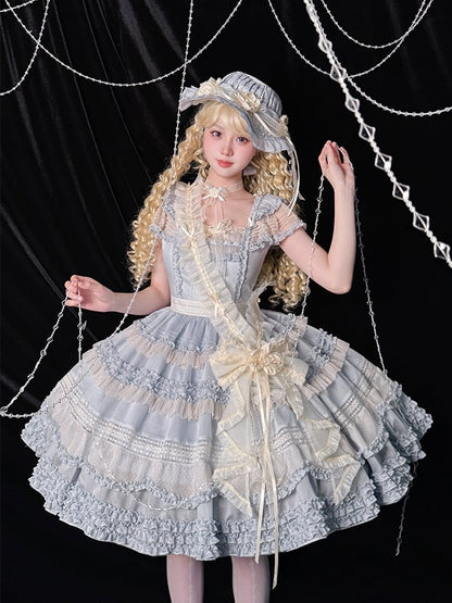 エレガントなトリムプリーツフリルクラシックロリータドレスブルーの詳細と