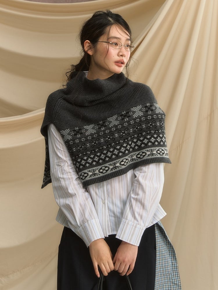 Vintage Fair Isle Jacquard Shawl- Cozy High Neck Pullover for Fall/Winter Dark Gray