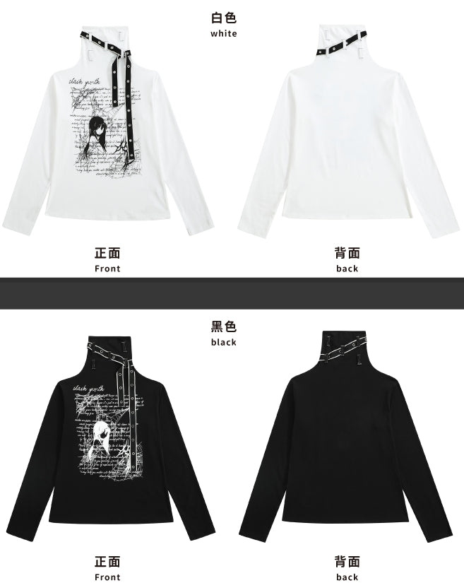 Jirai Kei Schwarz/Weißes Manga-Girl-Oberteil mit Trägerdetails und hohem Halsausschnitt