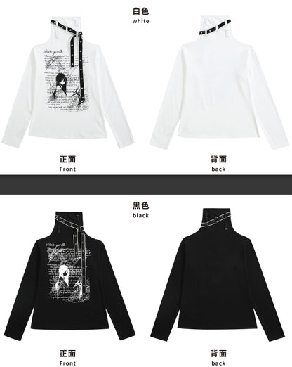 Jirai Kei Schwarz/Weißes Manga-Girl-Oberteil mit Trägerdetails und hohem Halsausschnitt