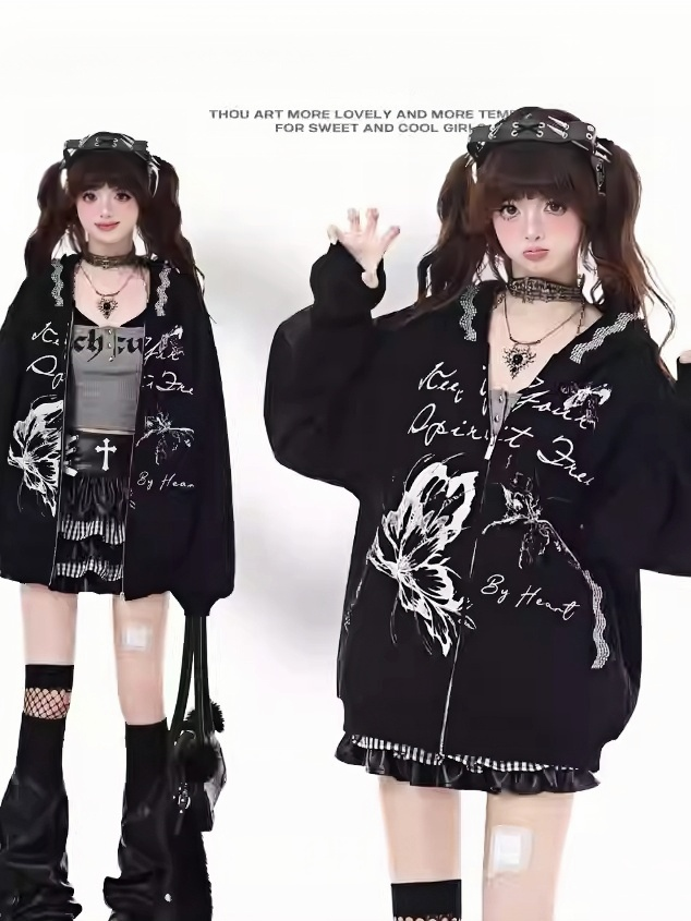 Hoodie Bittersweet Black Butterfly Print Zip Closure