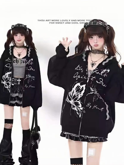 Hoodie Bittersweet Black Butterfly Print Zip Closure