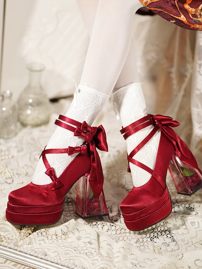 Red Camellia Flower High Block Heel Elegant Platform High Heels - Panda Lolita