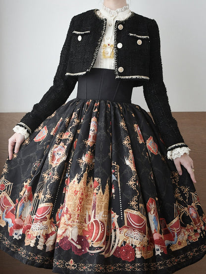 Jewelry Waist Print Lolita Black Skirt High Dragon Boned Bone and