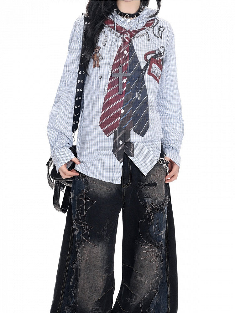 Blue Print Shirt and Sleeve Drawstring Vintage Hood Tie with Plaid Long