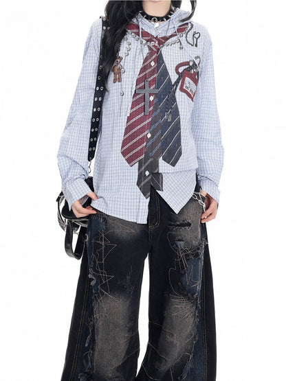 Blue Print Shirt and Sleeve Drawstring Vintage Hood Tie with Plaid Long