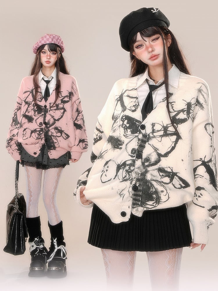 Cardigan mit V-Ausschnitt und Schmetterlings-Graffiti