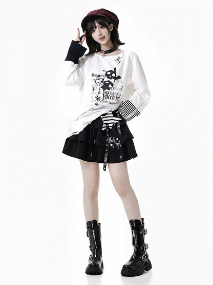 Applique Skirt Strap Drawstring Star Tiered Accents with and Black