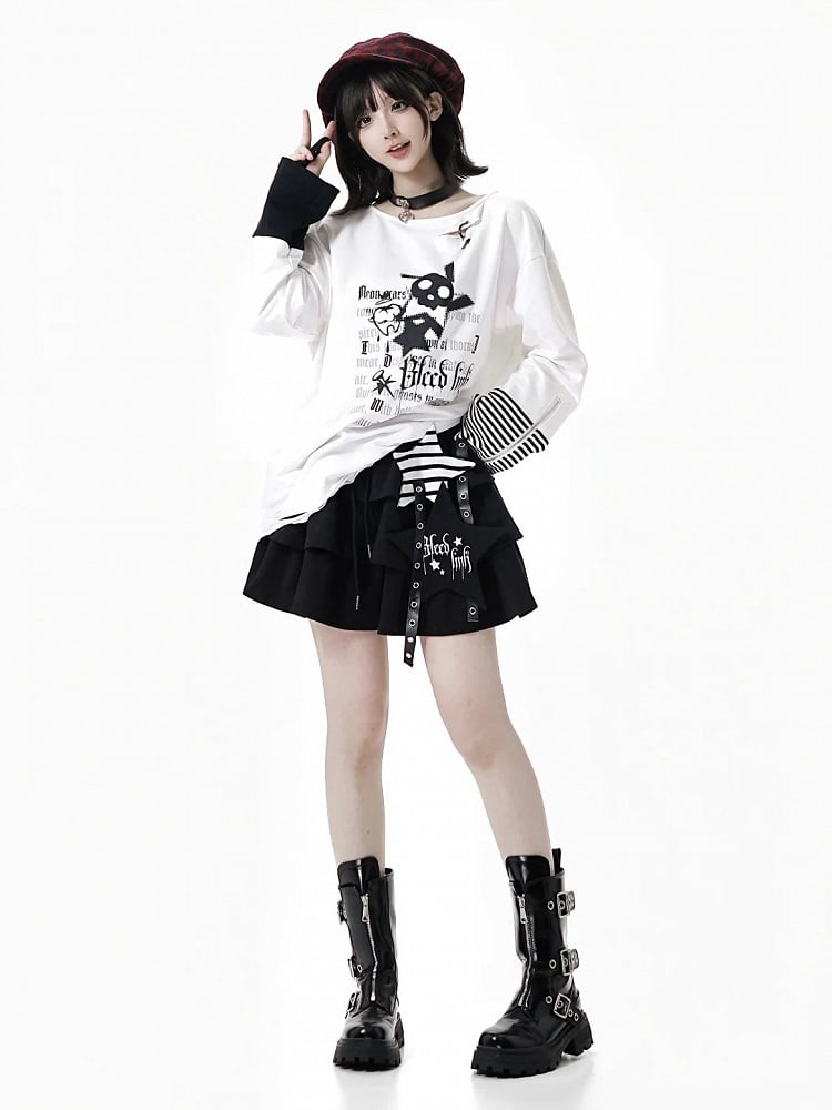 Distressed Zipper Print with Holes White Top and Long Cuffs Sleeve Rock