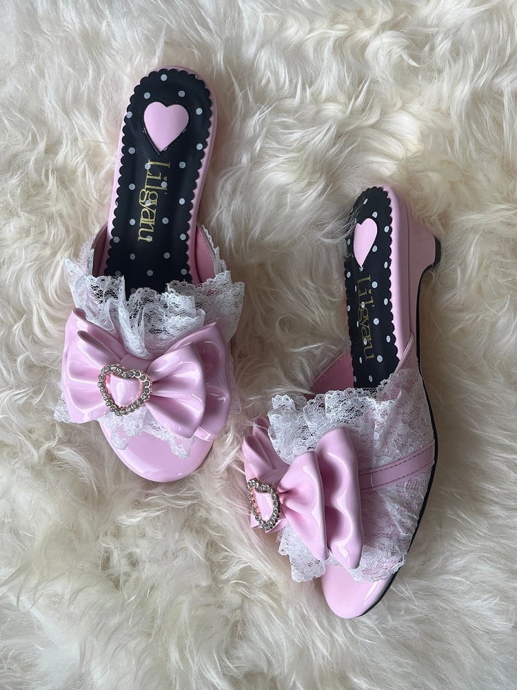 Bowknot & Lace Trim Sandals with Detachable Heart Buckle - LilGyaru