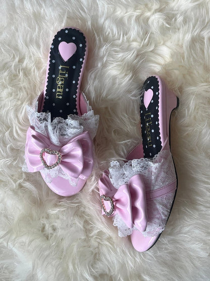 Bowknot & Lace Trim Sandals with Detachable Heart Buckle - LilGyaru