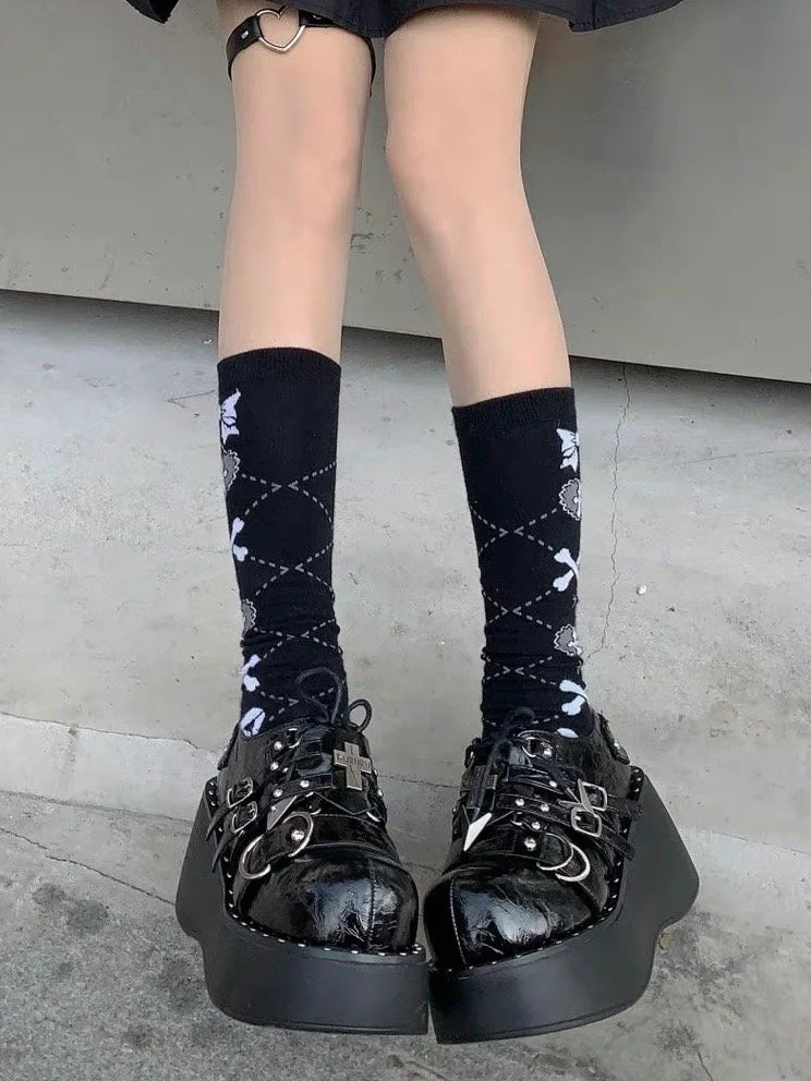 Stud Accents PU Black Shoes - Design Platform Punk with Crackle