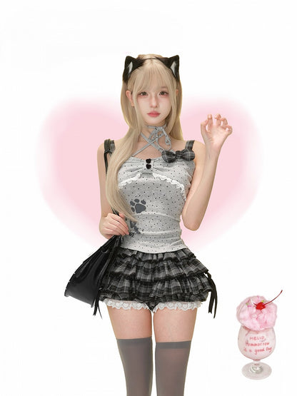 Paw Ways Two Design Off-Shoulder Gray Wear Print Dot Polka with Top