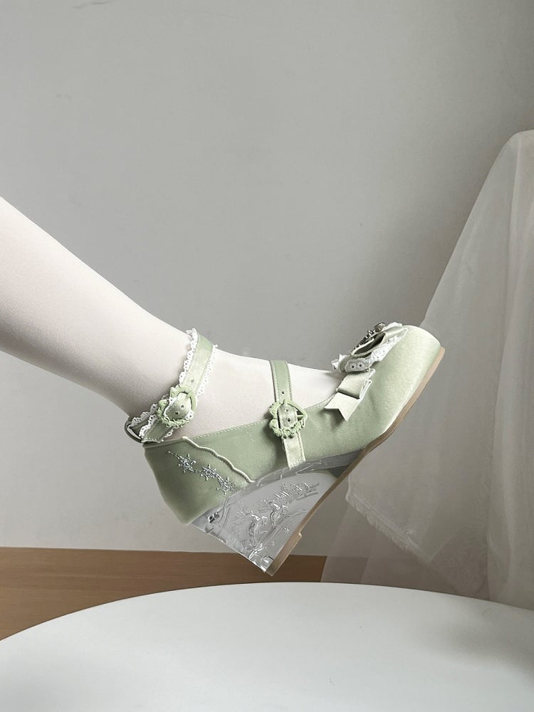 Green Winter Embossed Slope Heel Shoes with Snowflake Embroidery - Vintage Sweetheart