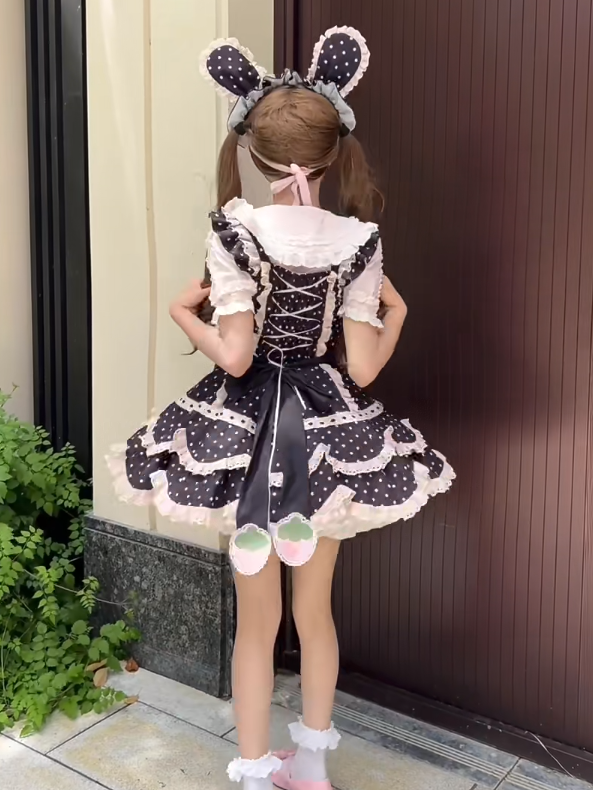 and Pink Polka with Dot Strawberry Adorable Lolita Details Dress JSK Black Themed Lace Bow