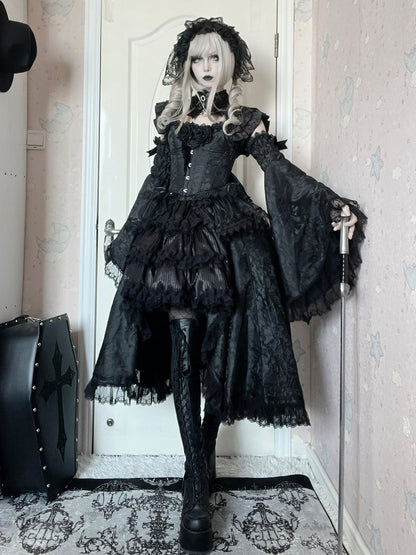 Gothic Lolita Boned Corset Top with Tiered Skirt and Collar in All Black - Somnium Isle