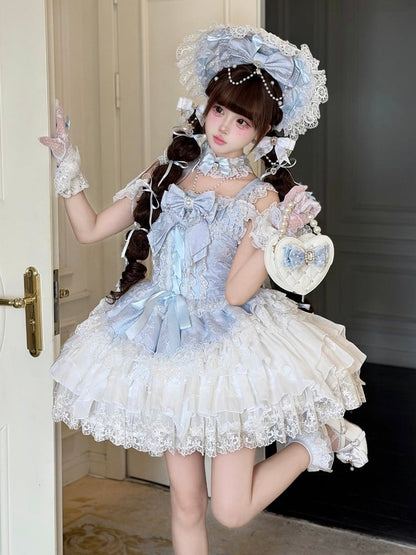 Blue Ballet Style Lace Ruffle Lolita JSK Dress with Bead Chain Bow and Back Bow Set - White Sugar Girl