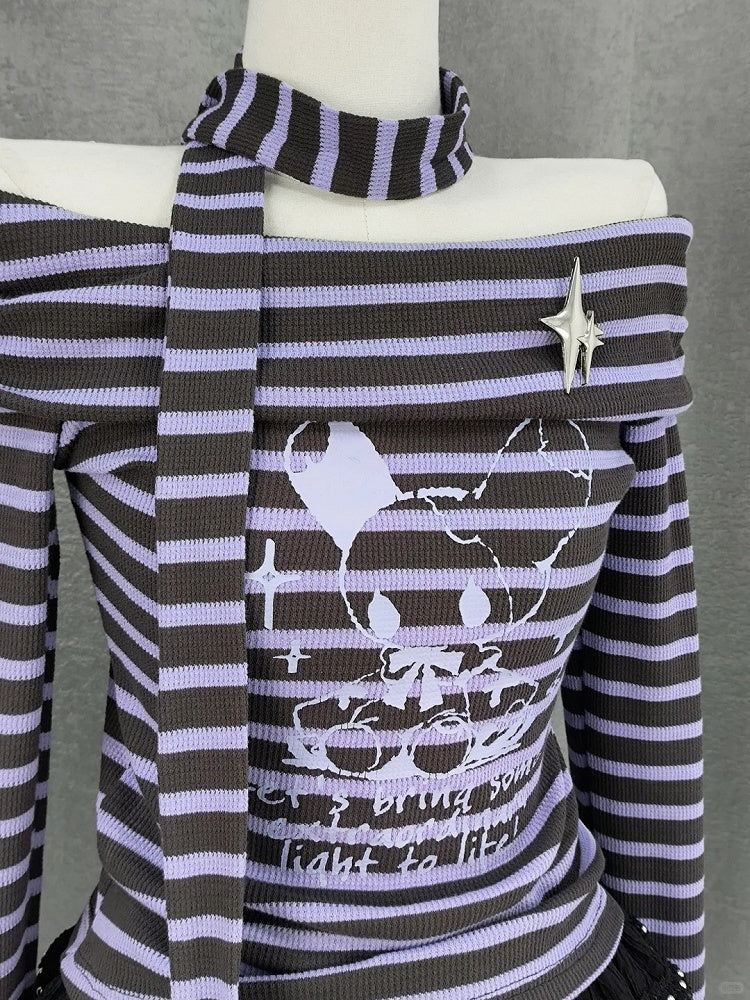 Neckline Striped Top Off-the-shoulder with Free Gray and Y2K Purple Scarf