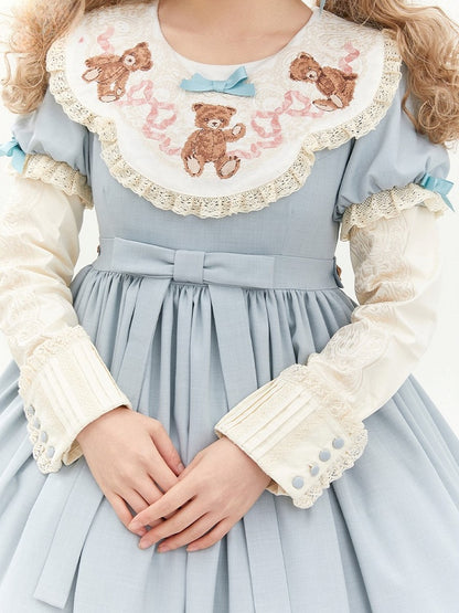 Bear Lace Trim Dresswith Teddy Embroidered Sleeves Puff Blue Neckline Lolita Sweet Mint