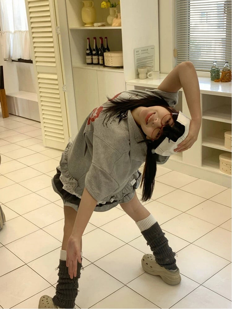 Tiered Hem with Dress Hoodie Number Ruffle Zip-Up Print Gray