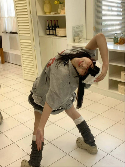 Tiered Hem with Dress Hoodie Number Ruffle Zip-Up Print Gray