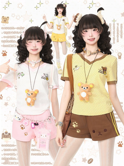 Brown Polka Dot Tee with Bear Embroidery and Doll Necklace - Languid Park