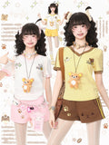 Polka Dot V-Neck Tee with Bear Embroidery and Plush Pendant Set - Languid Park
