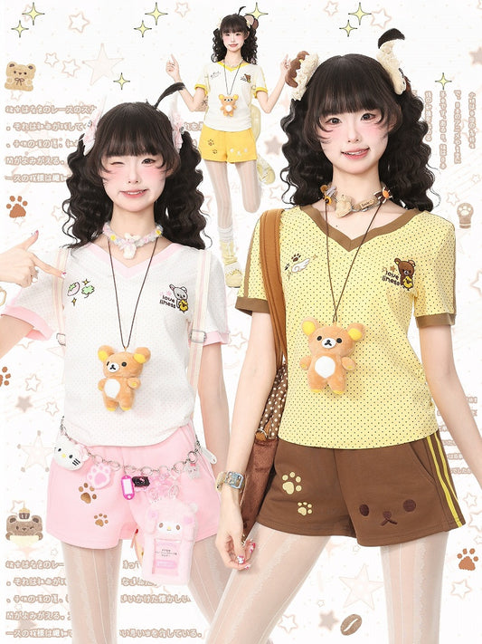Polka Dot V-Neck Tee with Bear Embroidery and Plush Pendant Set - Languid Park