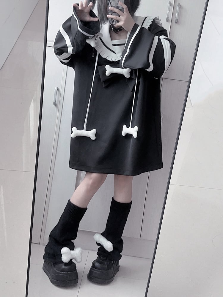 Black Detachable Zip-Shoulder with Collar and Dress Bone White Convertible Sailor Jirai Kei Accents