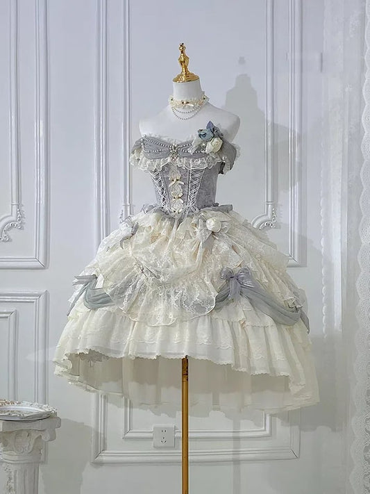 ダスティブルーのコルセットウエスト花嫁プリンセスロリータハイローレイヤードヘムドレスショートバージョン
