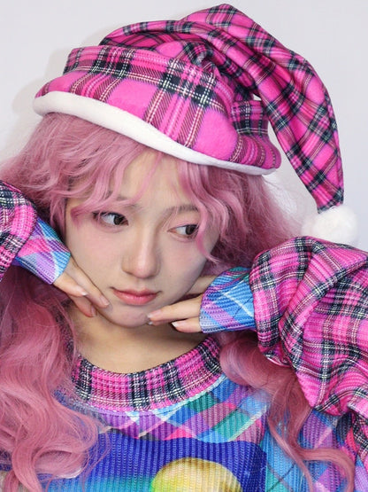Plaid Christmas Pompon Pattern Hat Y2K Decorated Colorful/Pink