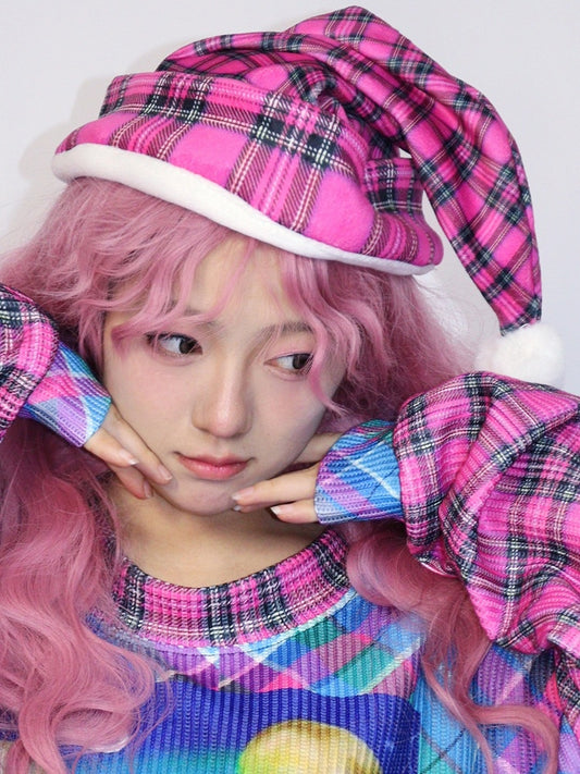 Plaid Christmas Pompon Pattern Hat Y2K Decorated Colorful/Pink