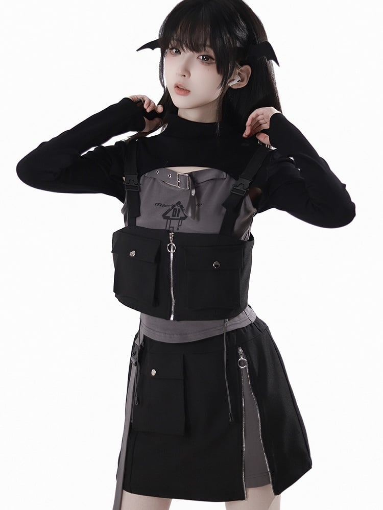 Details Shoulder Techwear Zip-up Vest Snap Straps Black Pocket