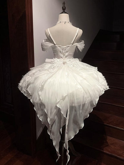 Brustumfang: Weißer Schwanenstoff, Taille: Prinzessin, 92–96 cm, Feder-Baskenkleid, Feenträger, XL, Shiro für Lolita, Spaghettiträger in Ausverkaufsgröße