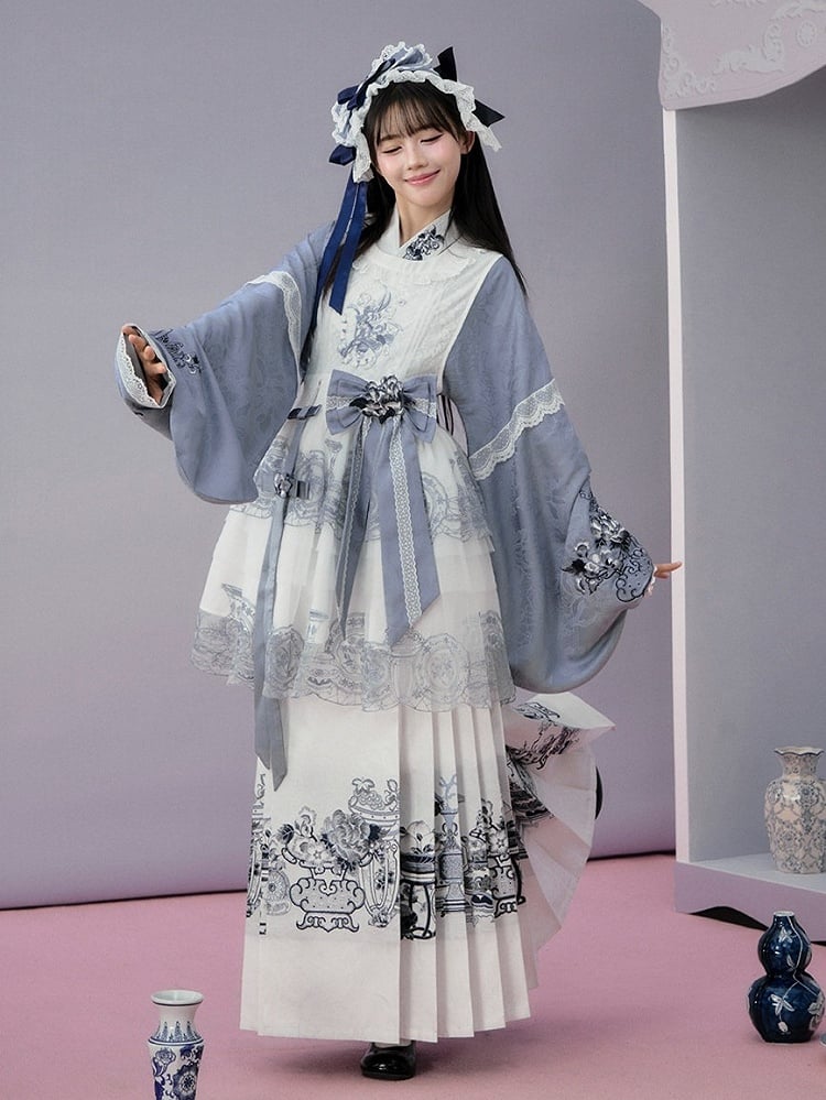 Blue & White Long Mamian Skirt with Porcelain Embroidery - Yimu Walnut