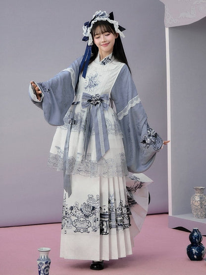 Blue & White Long Mamian Skirt with Porcelain Embroidery - Yimu Walnut