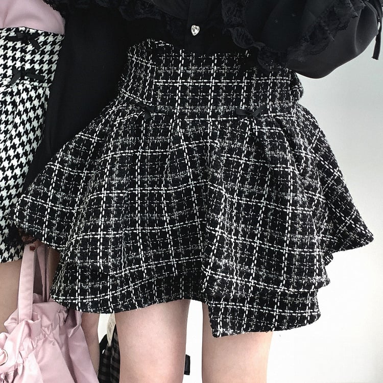 Kei Plaid Skirt with Double-Layer Black Bow Jirai Decoration Tweed High-Waisted