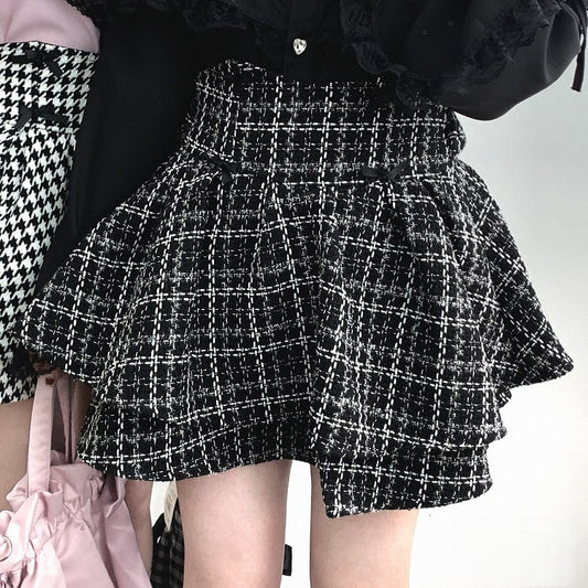 Kei Plaid Skirt with Double-Layer Black Bow Jirai Decoration Tweed High-Waisted